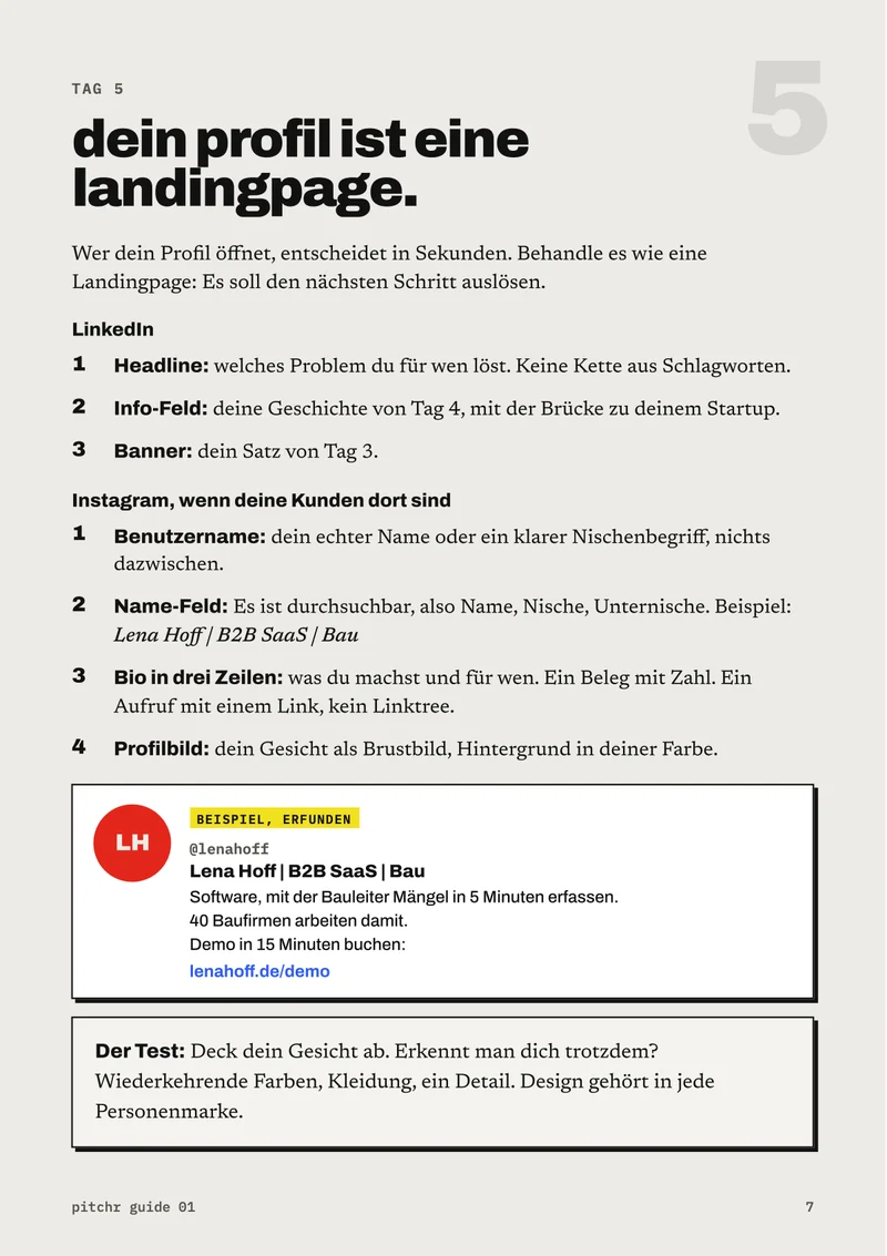 Seite 7 aus dem Guide: Tag 5, dein Profil ist eine Landingpage, mit erfundenem Beispielprofil