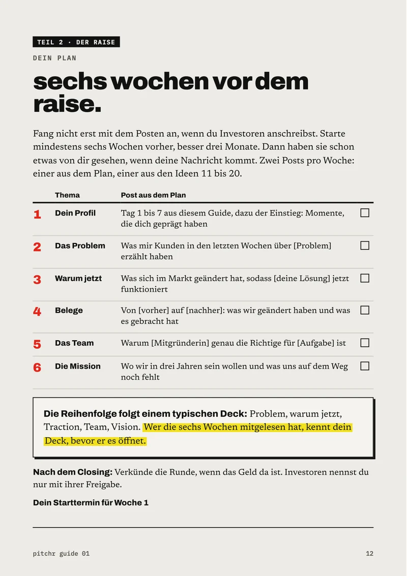 Seite 12 aus dem Guide: der Plan für die sechs Wochen vor dem Raise